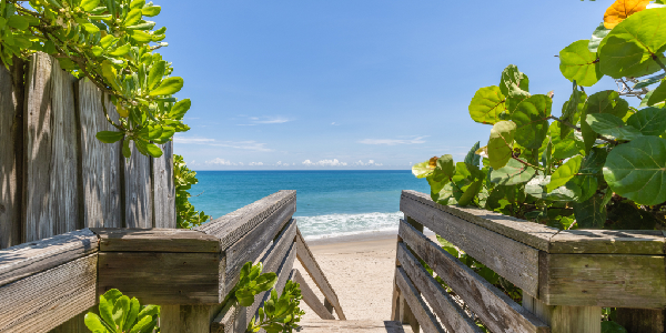 Professional real estate photography featuring a wooden boardwalk leading to a pristine Florida beach with scenic ocean views and lush coastal landscaping