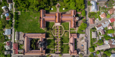 real estate photographer took aerial view of Residence of Bukovinian and Dalmatian Metropolitans. Chernivtsi National University. Chernivtsi touristic destination of Western Ukraine